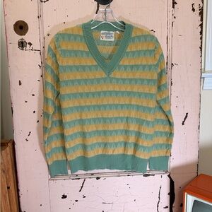 Vintage Green and Yellow Striped V-Neck Women’s Sweater